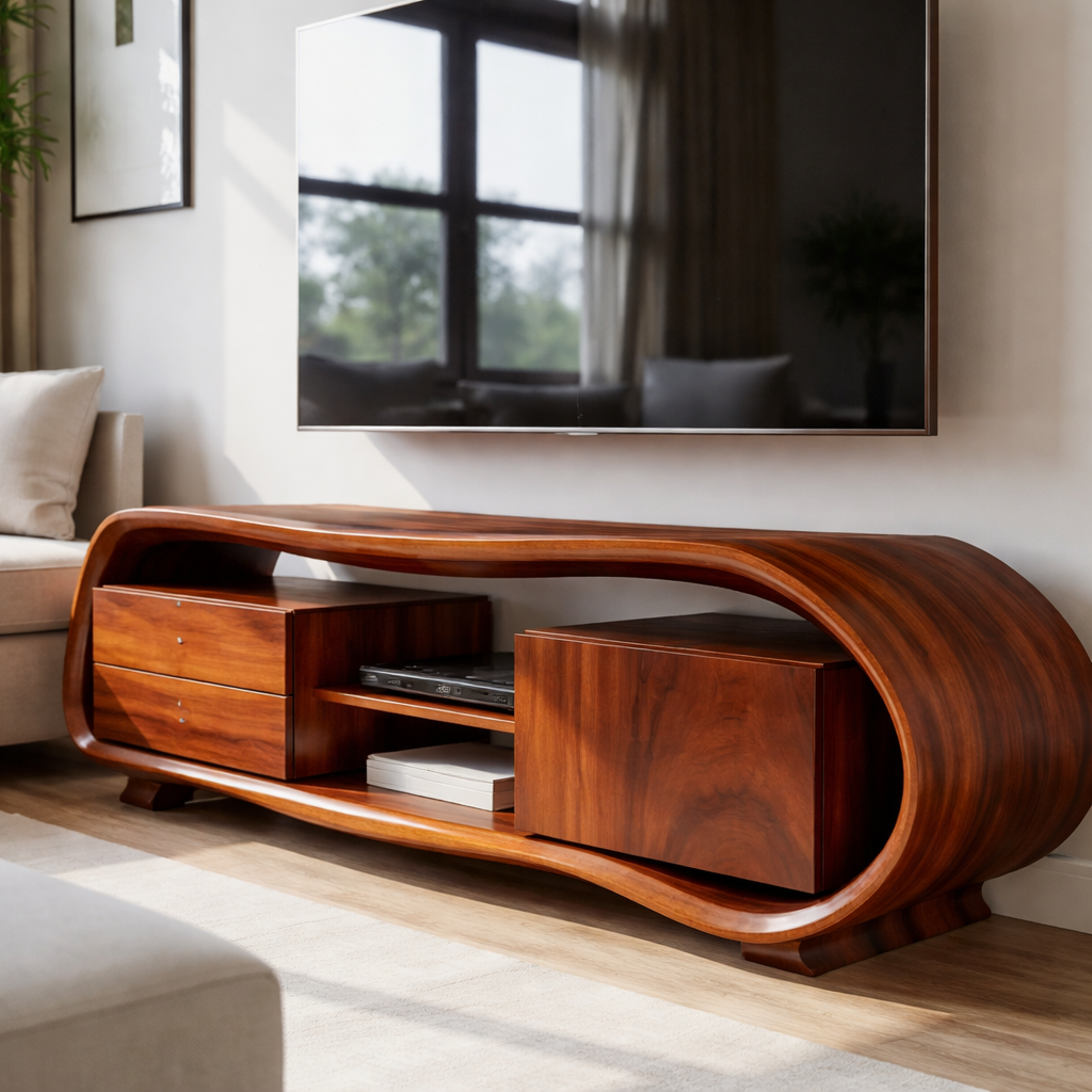 Solid Wood Curved TV Stand – Sculptural Media Console with Organic Design