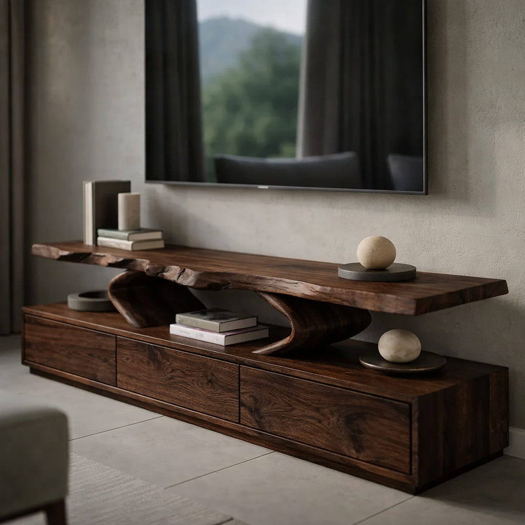 Live Edge Solid Wood TV Stand – Organic Modern Low Profile Media Console with Storage