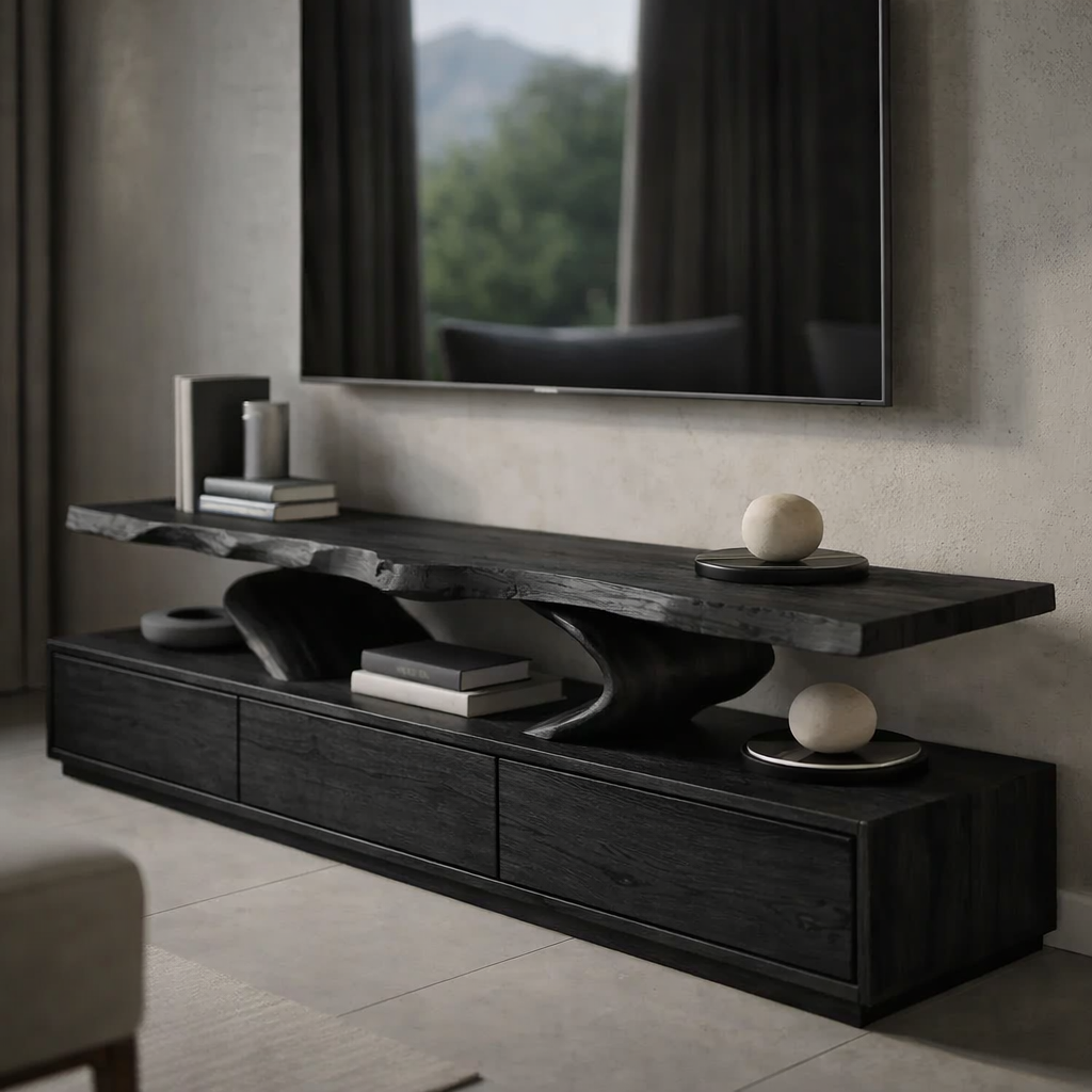 Live Edge Solid Wood TV Stand – Organic Modern Low Profile Media Console with Storage