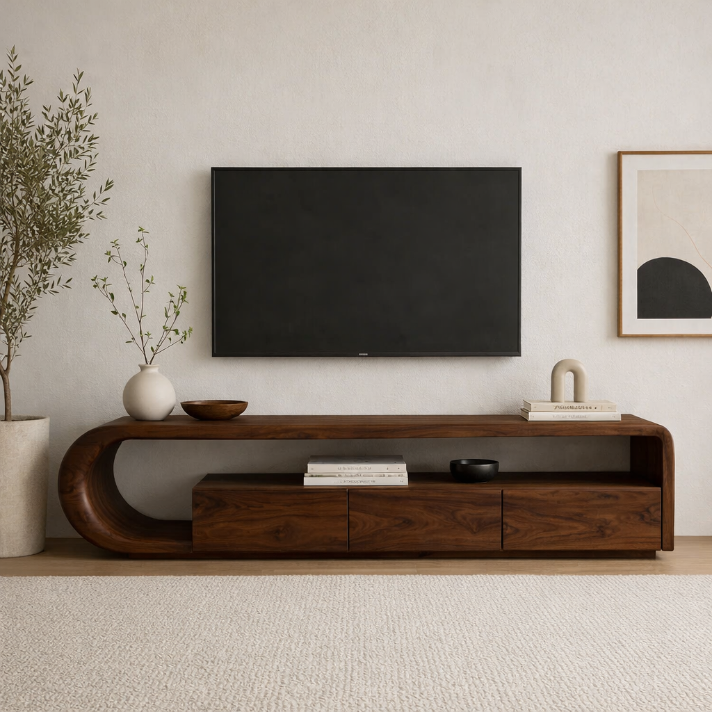 Solid Wood TV Stand with Curved Base – Modern Low Profile Media Console with Storage