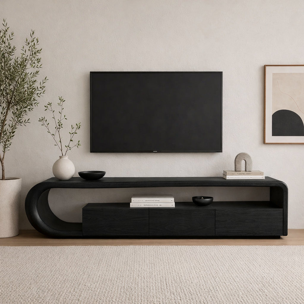 Solid Wood TV Stand with Curved Base – Modern Low Profile Media Console with Storage