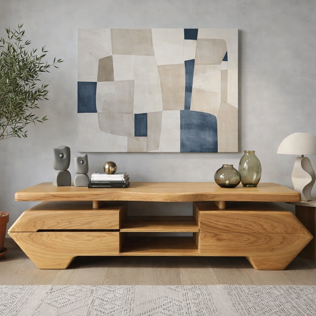 Live Edge Solid Wood TV Stand – Modern Oak Media Console with Sculptural Base