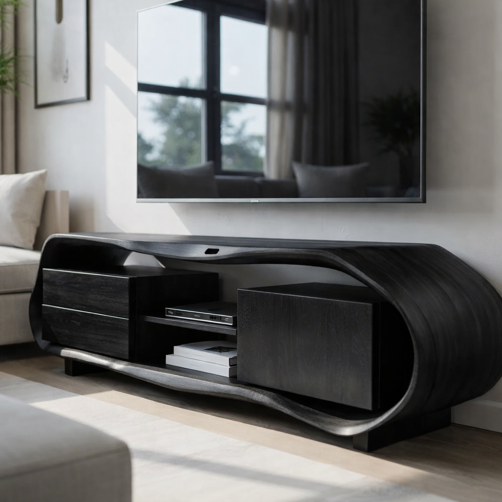 Solid Wood Curved TV Stand – Sculptural Media Console with Organic Design