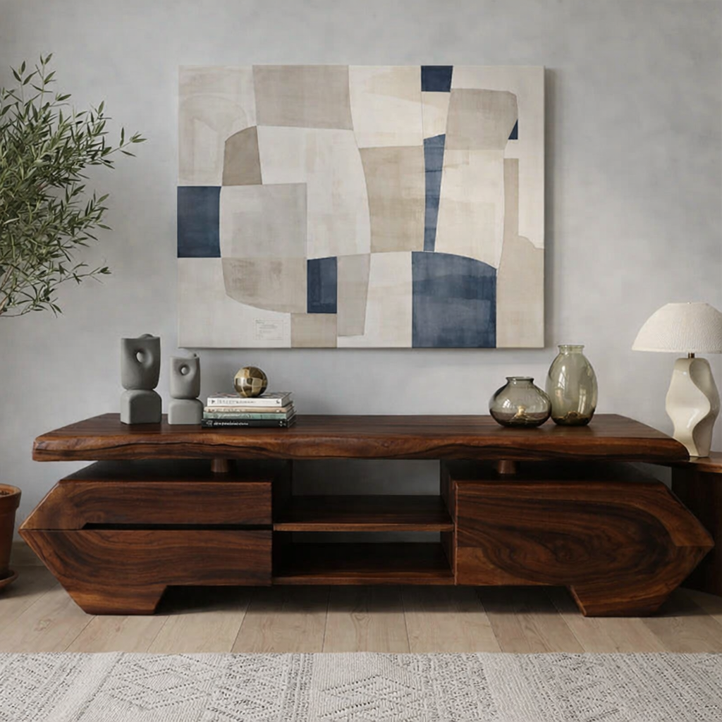 Live Edge Solid Wood TV Stand – Modern Oak Media Console with Sculptural Base