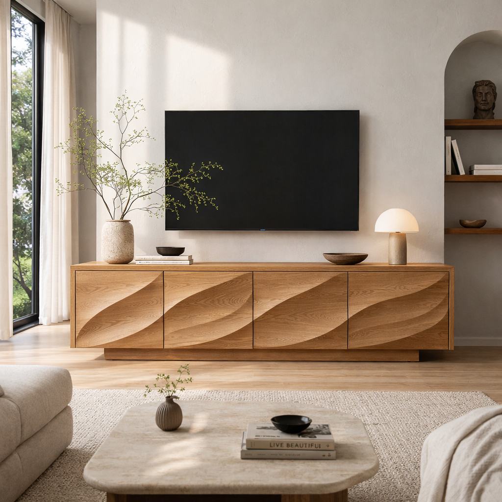 Solid Wood TV Stand with Carved Wave Front – Modern Luxury Media Console Cabinet