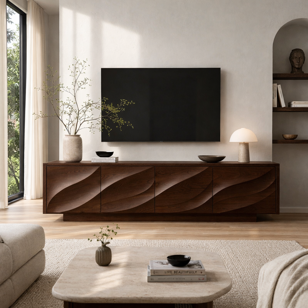 Solid Wood TV Stand with Carved Wave Front – Modern Luxury Media Console Cabinet