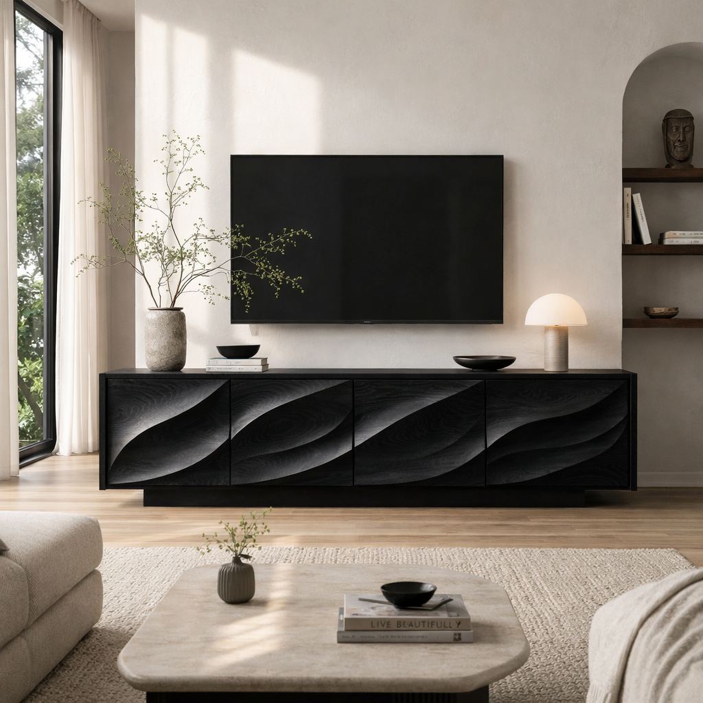 Solid Wood TV Stand with Carved Wave Front – Modern Luxury Media Console Cabinet