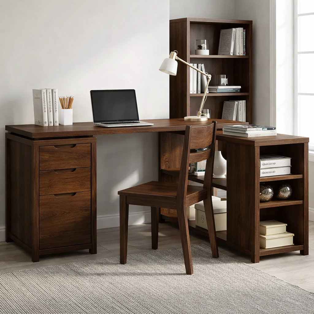 Solid Wood L-Shaped Desk with Storage – Corner Home Office Desk with Shelves and Drawers