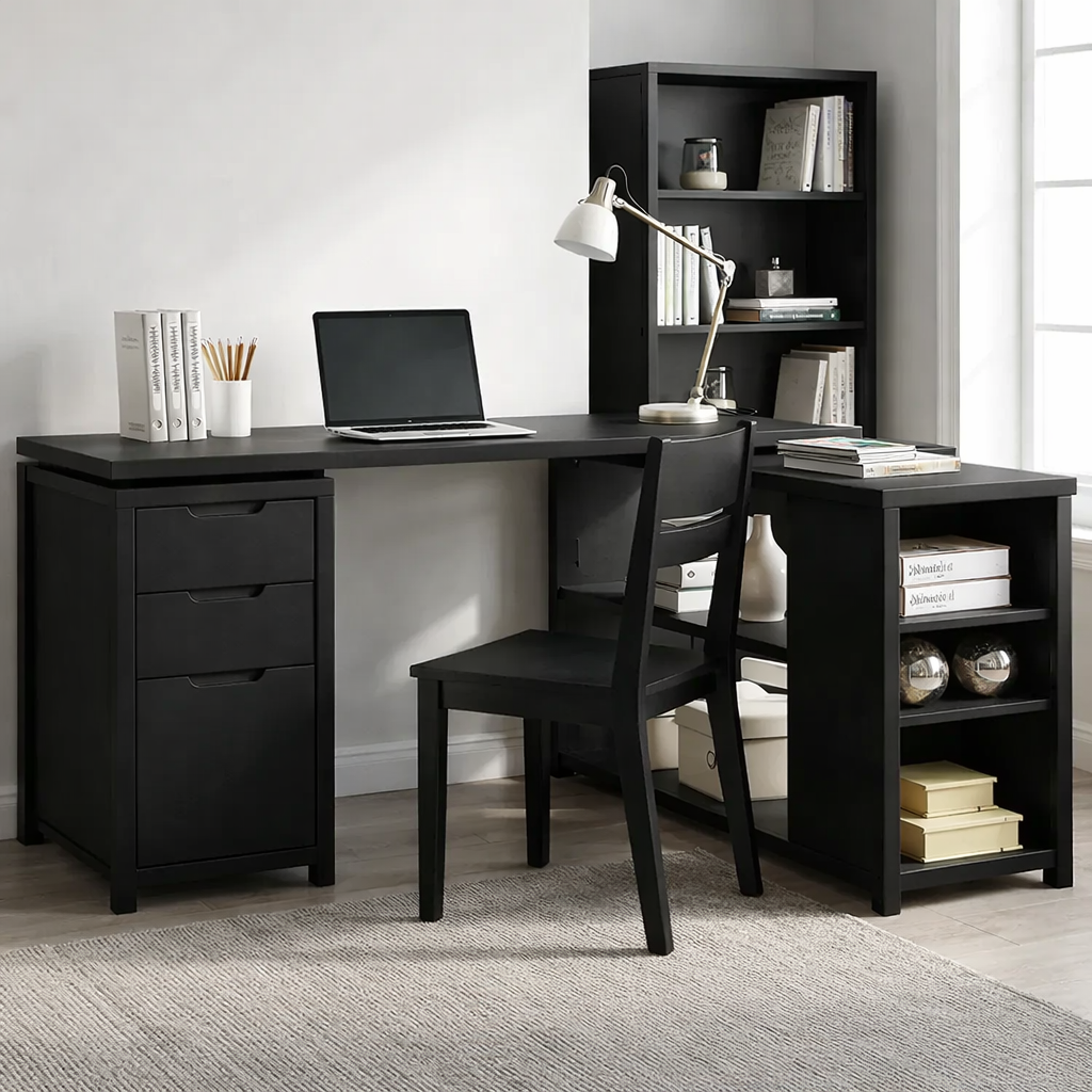 Solid Wood L-Shaped Desk with Storage – Corner Home Office Desk with Shelves and Drawers