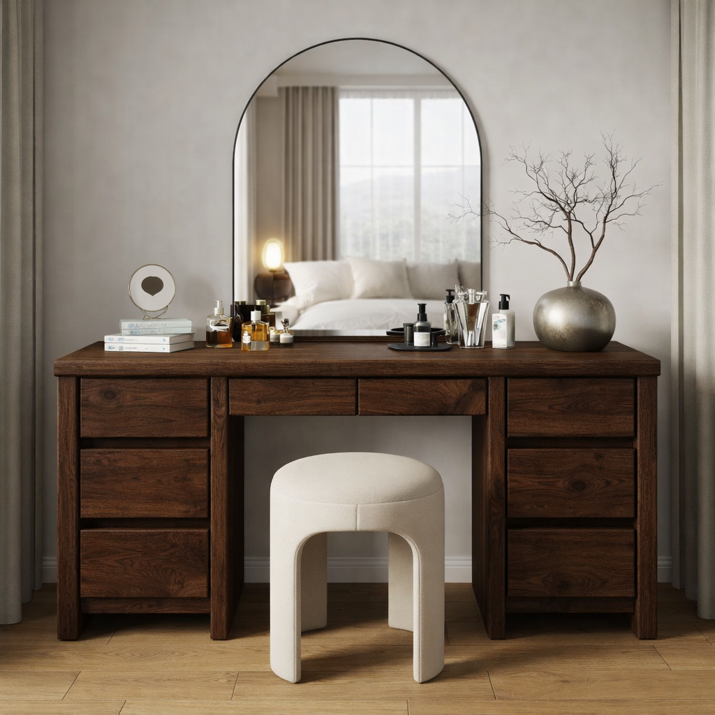 Solid Wood Makeup Vanity Desk – Modern Dressing Table with 8 Drawers Storage