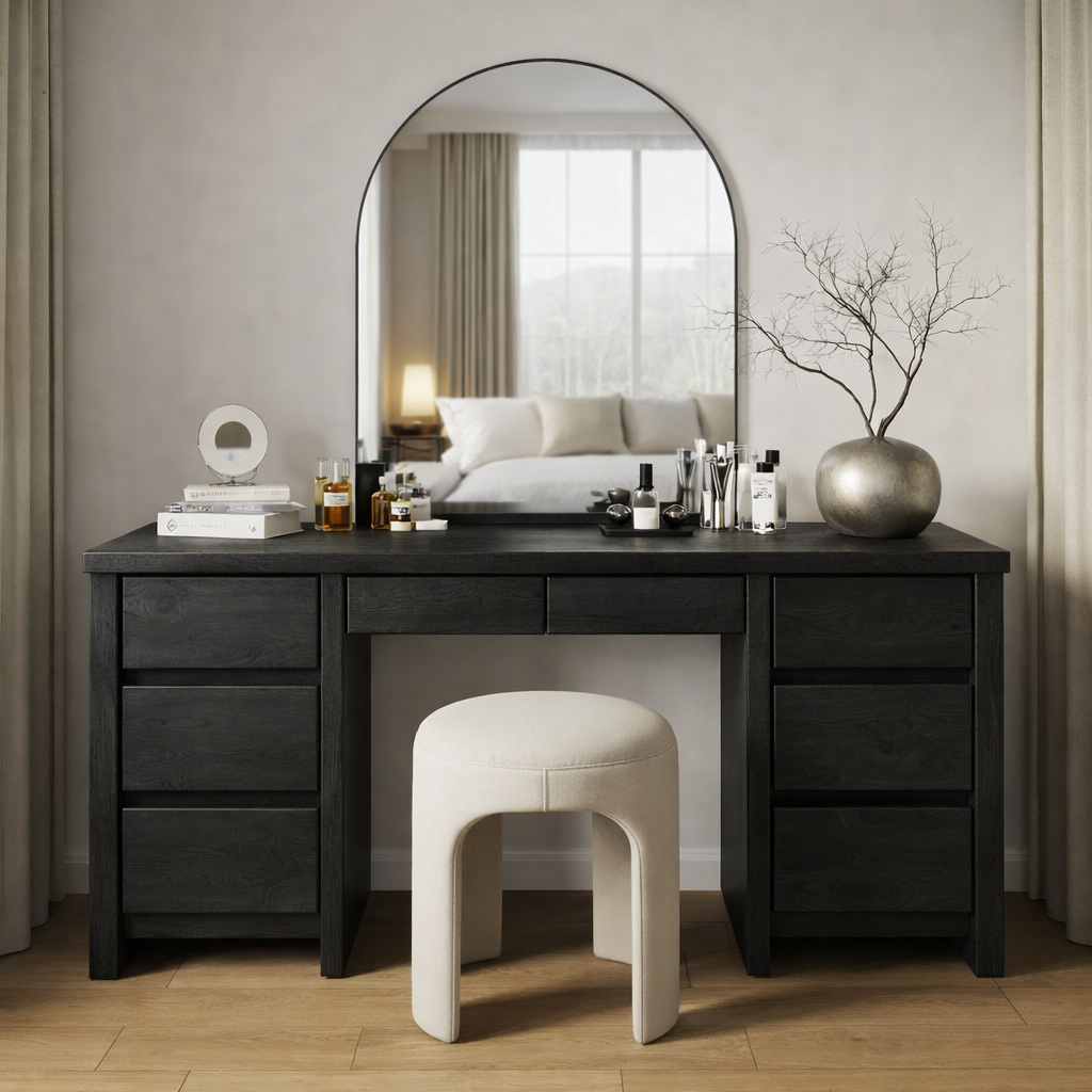 Solid Wood Makeup Vanity Desk – Modern Dressing Table with 8 Drawers Storage