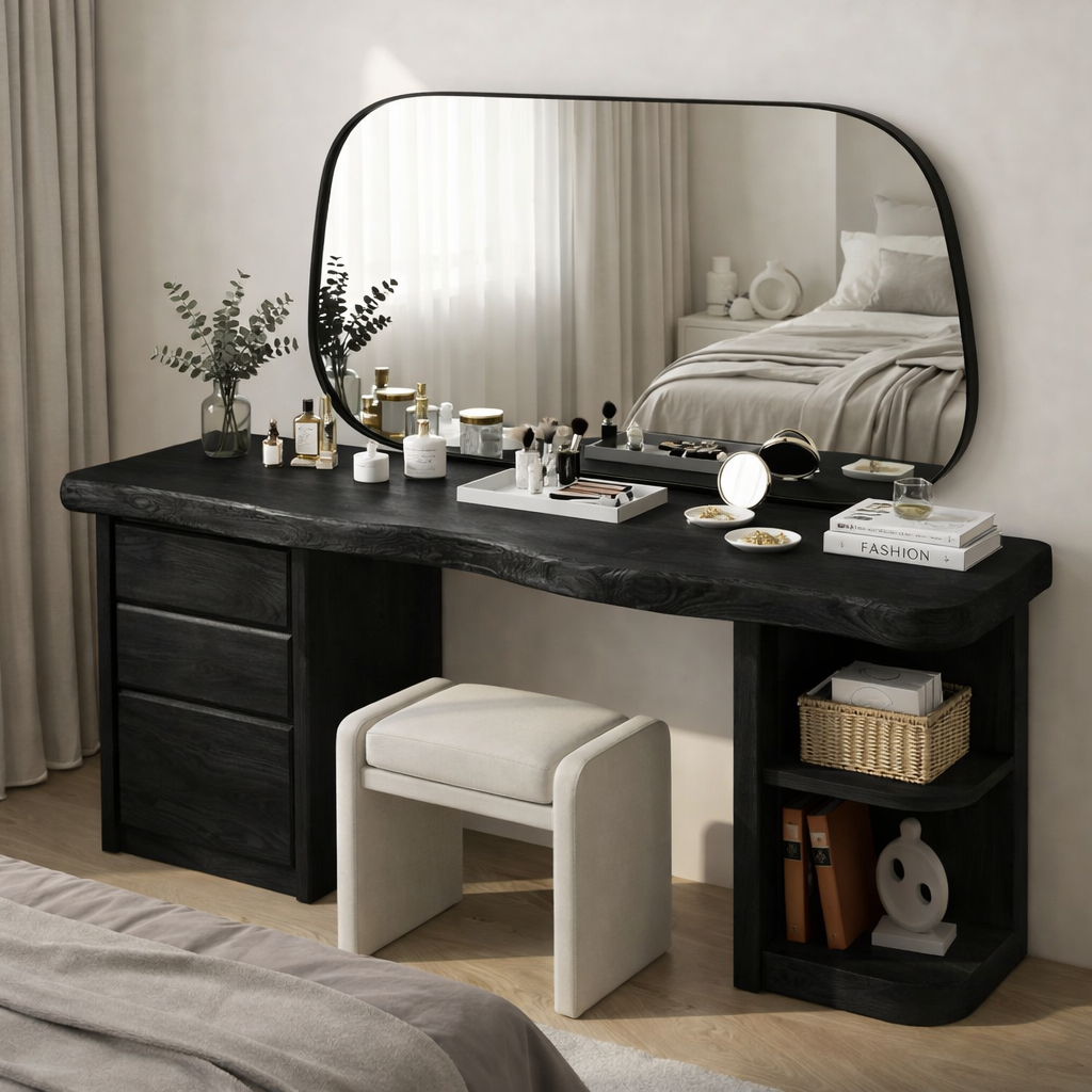 Solid Wood Makeup Vanity Desk with Live Edge Top, 3 Drawers and Open Side Shelves