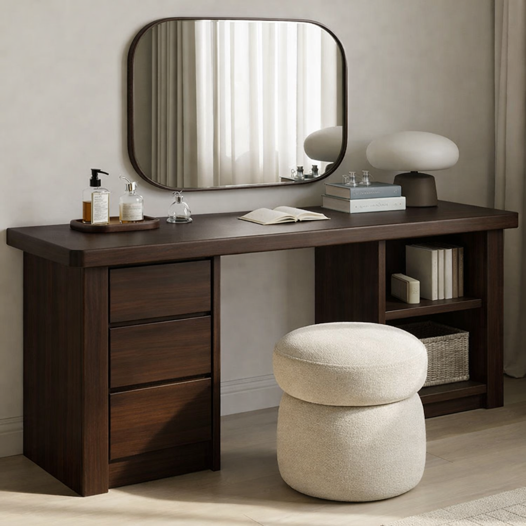 Solid Wood Makeup Vanity Desk – Minimalist Dressing Table with Drawers & Open Shelf
