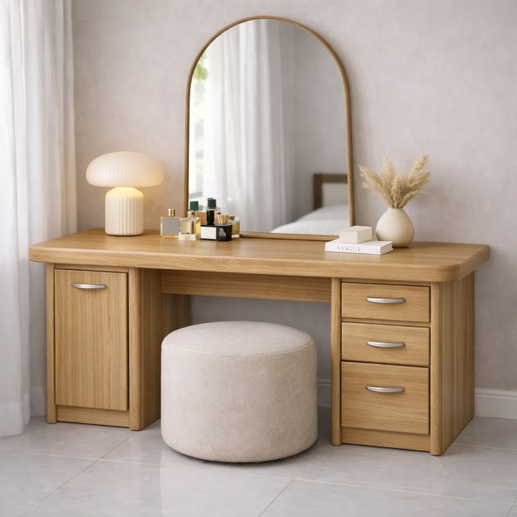 Solid Wood Makeup Vanity Desk with Side Cabinet and 3 Drawers, Modern Wooden Dressing Table