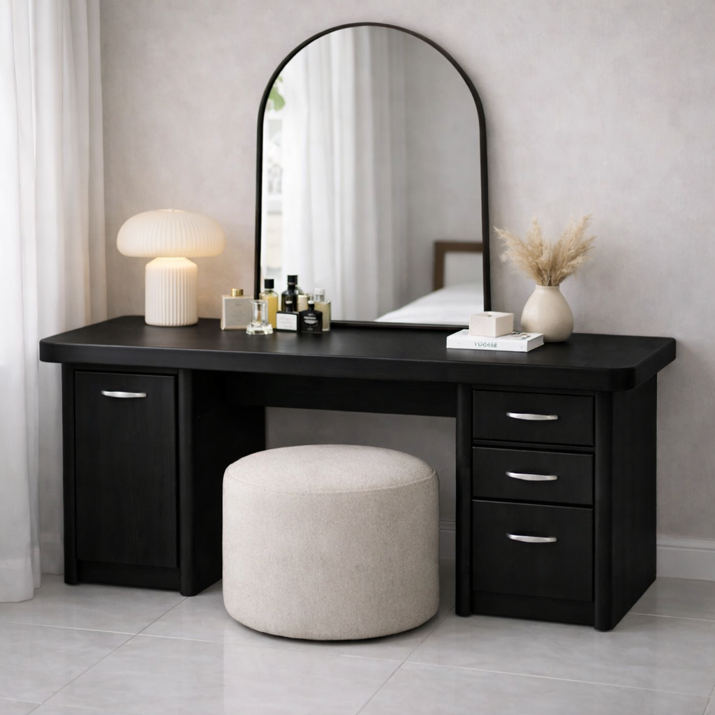 Solid Wood Makeup Vanity Desk with Side Cabinet and 3 Drawers, Modern Wooden Dressing Table