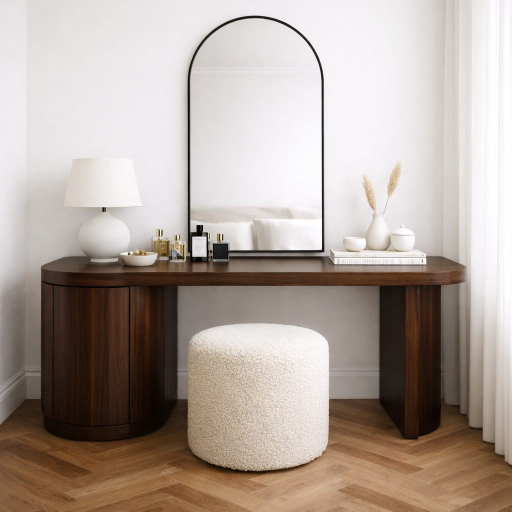 Solid Wood Makeup Vanity Desk with Curved Side Cabinet and Rounded Leg