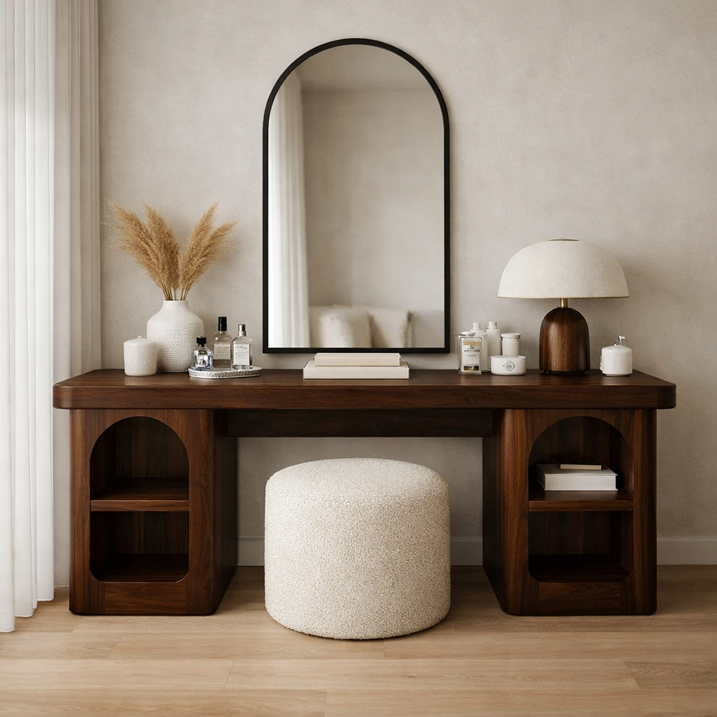 Solid Wood Makeup Vanity Desk with Open Shelves – Modern Vanity Table