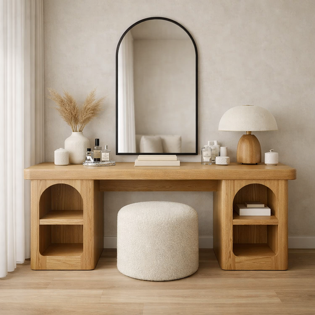 Solid Wood Makeup Vanity Desk with Open Shelves – Modern Vanity Table