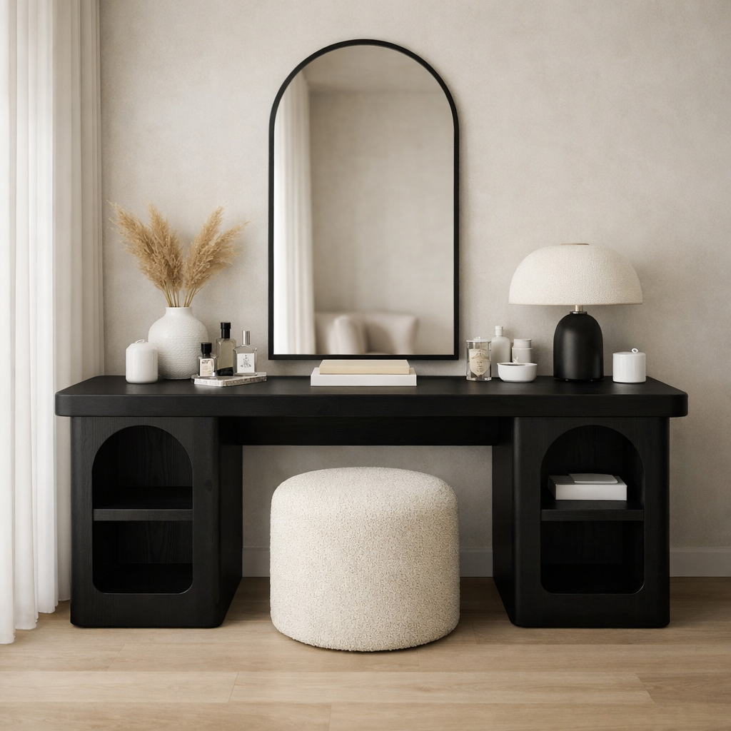 Solid Wood Makeup Vanity Desk with Open Shelves – Modern Vanity Table