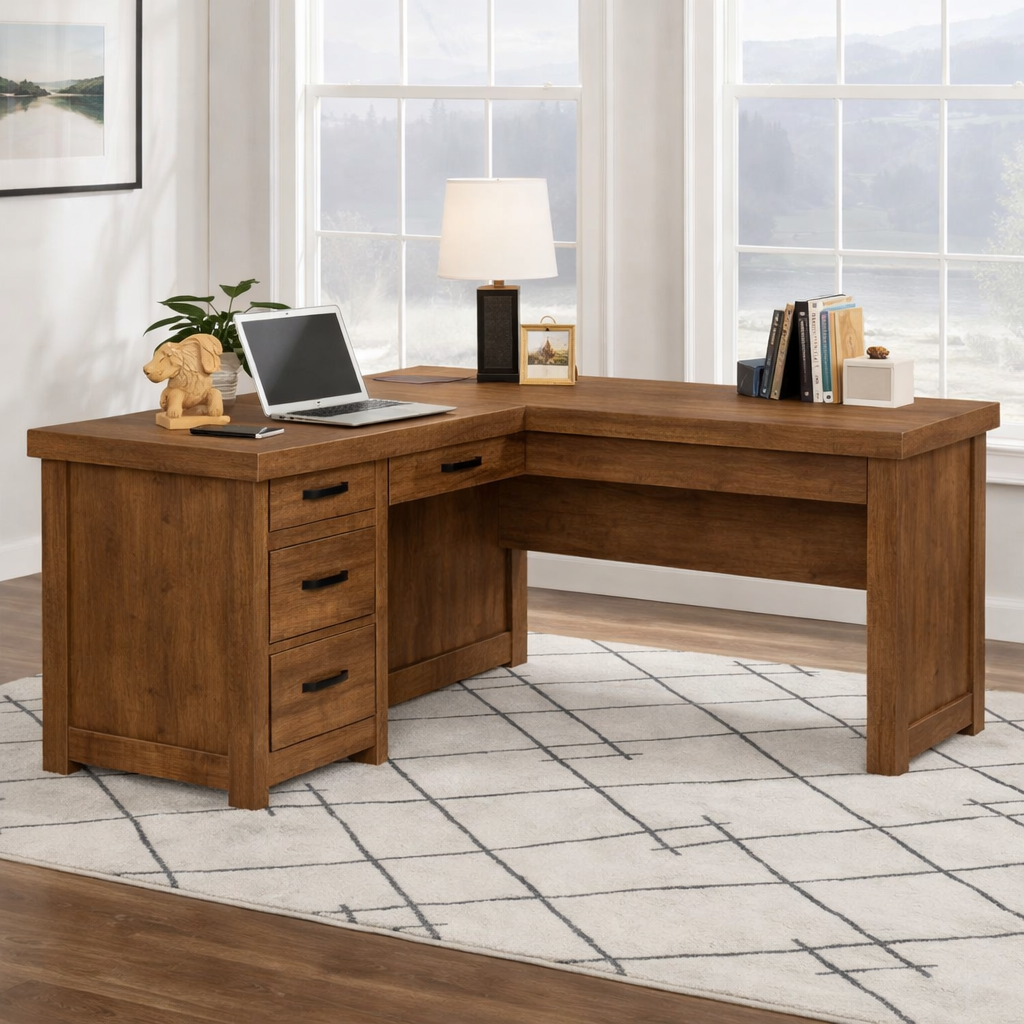 Solid Wood L Shaped Executive Office Desk with 4 Drawers and Corner Work Surface