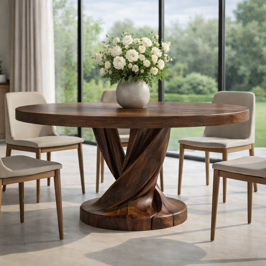 Round Solid Wood Dining Table with Sculptural Twisted Pedestal Base