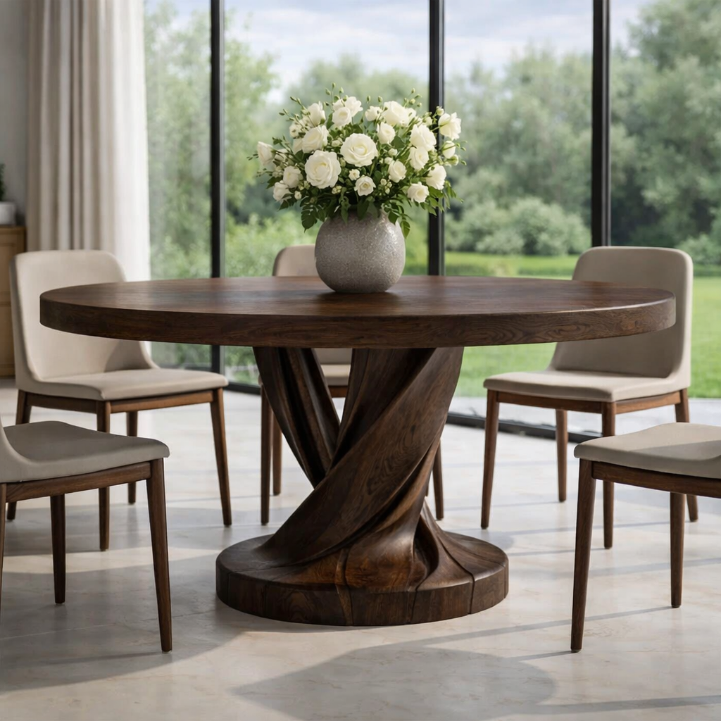 Round Solid Wood Dining Table with Sculptural Twisted Pedestal Base