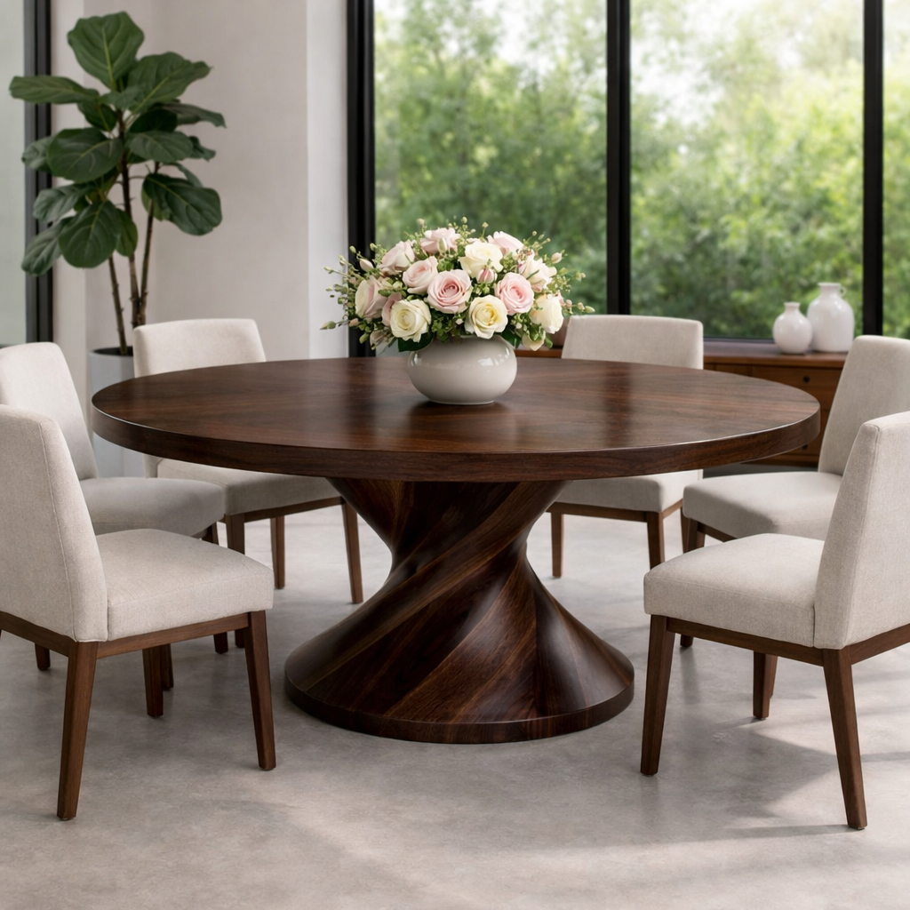 Round Solid Wood Dining Table with Sculptural Pedestal Base