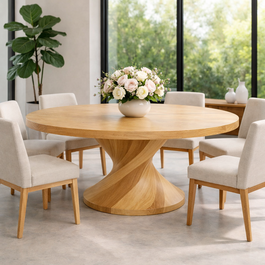 Round Solid Wood Dining Table with Sculptural Pedestal Base