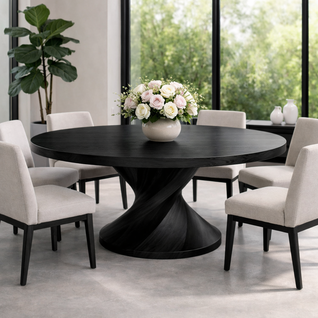 Round Solid Wood Dining Table with Sculptural Pedestal Base