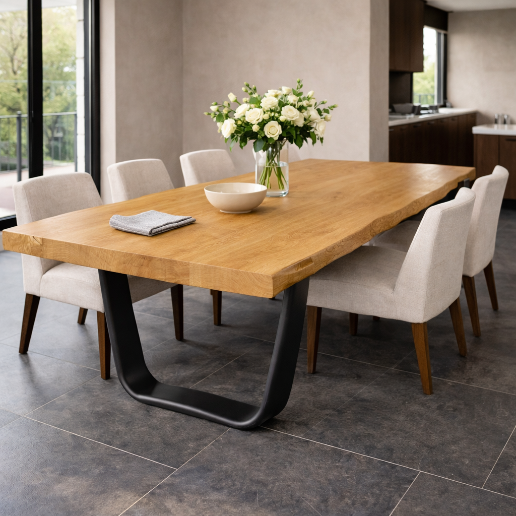 Solid Wood Live Edge Dining Table with Modern U-Shaped Metal Base
