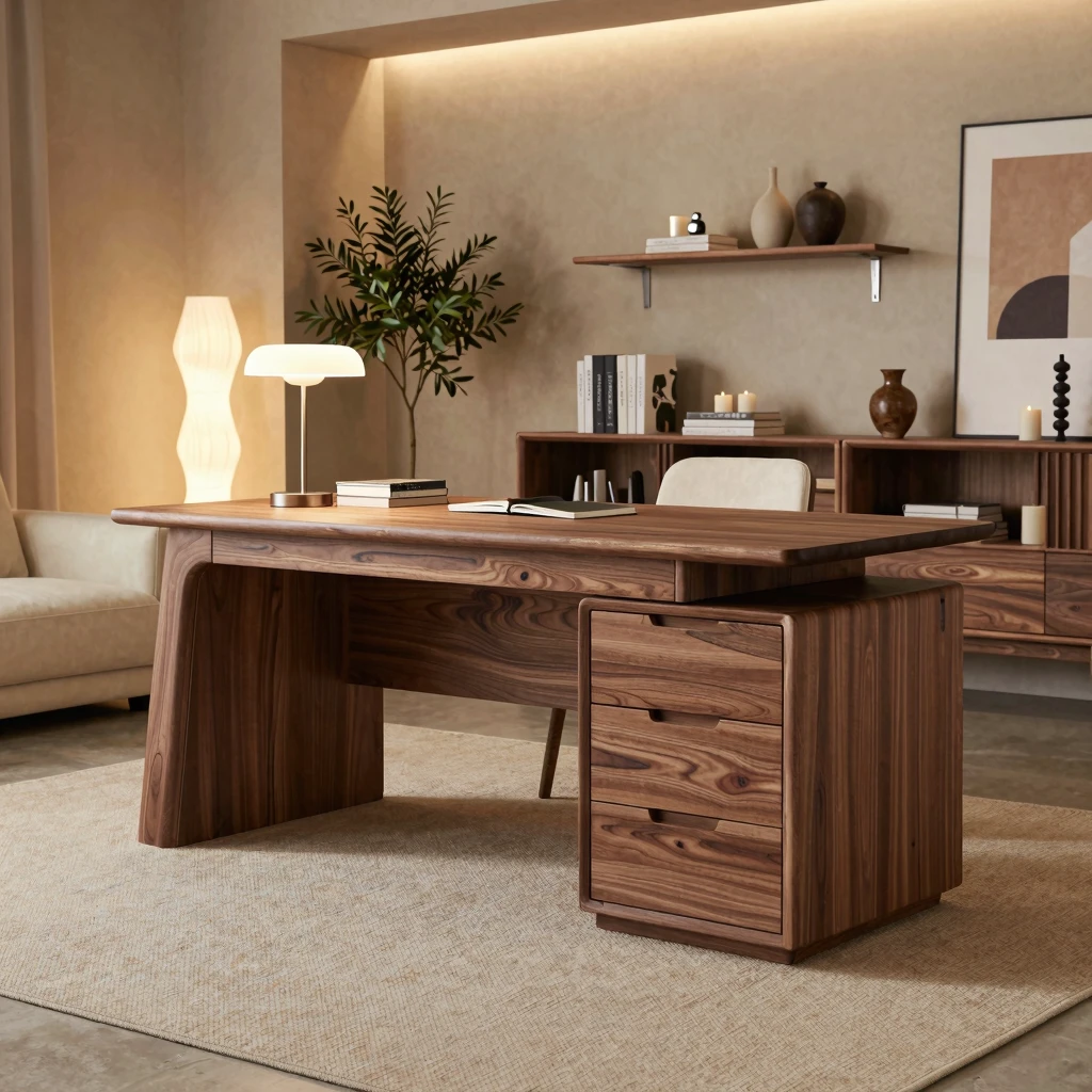 Solid Wood Executive Desk with Thick Slab Top and Drawer Storage