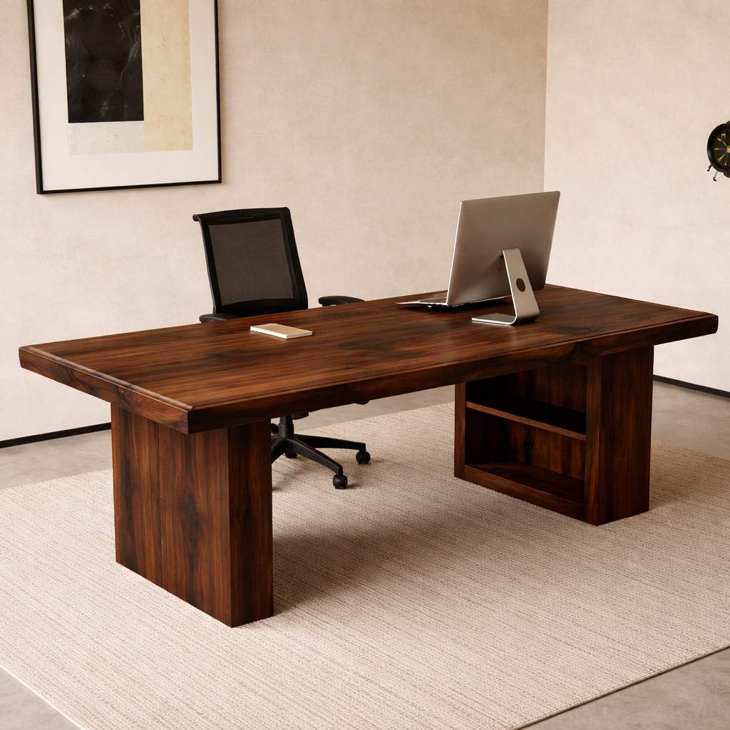 Solid Walnut Desk with Storage Shelf – Modern Minimalist Executive Office Table