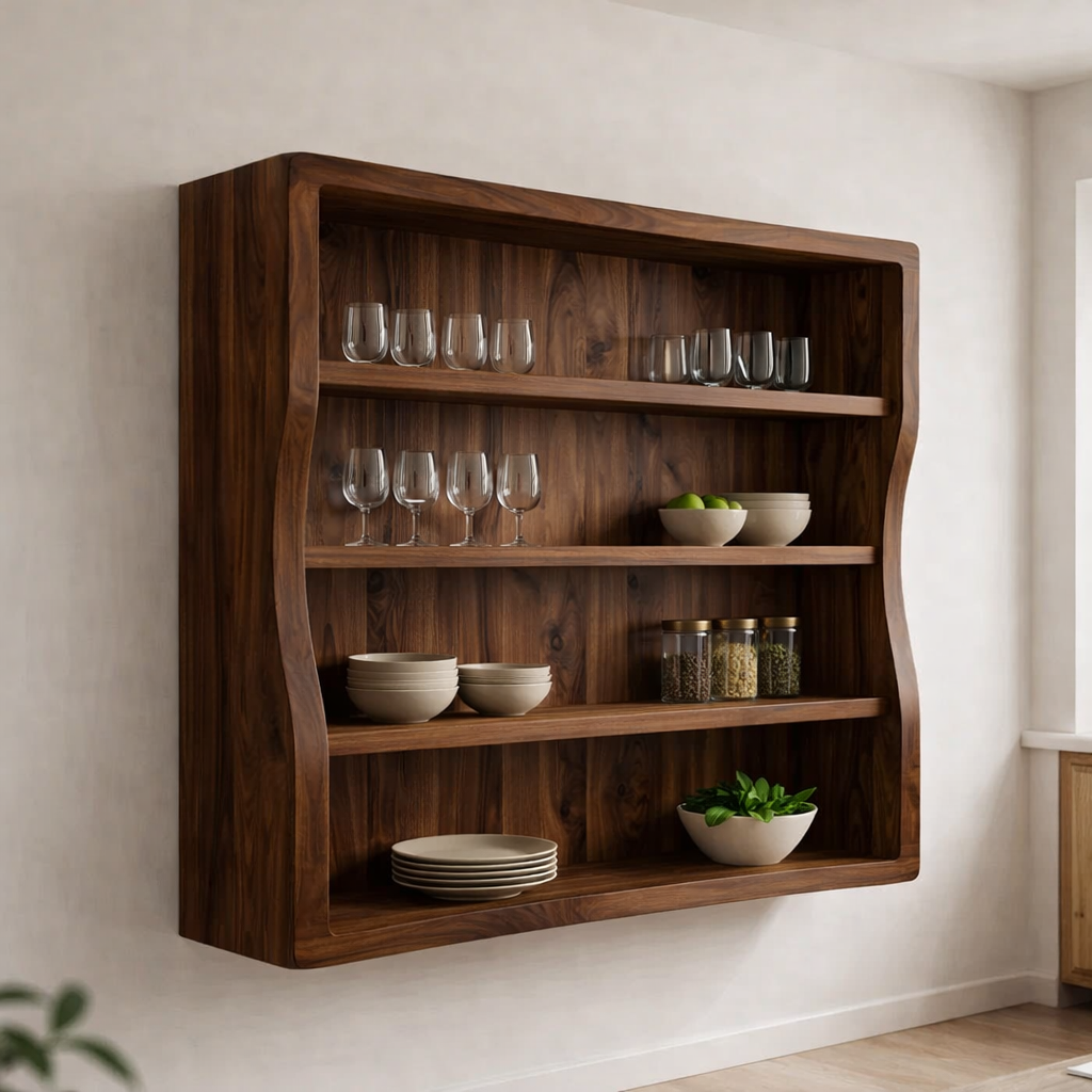 Solid Wood Kitchen Cabinet Shelf – Curved Wall Mounted Storage Cabinet