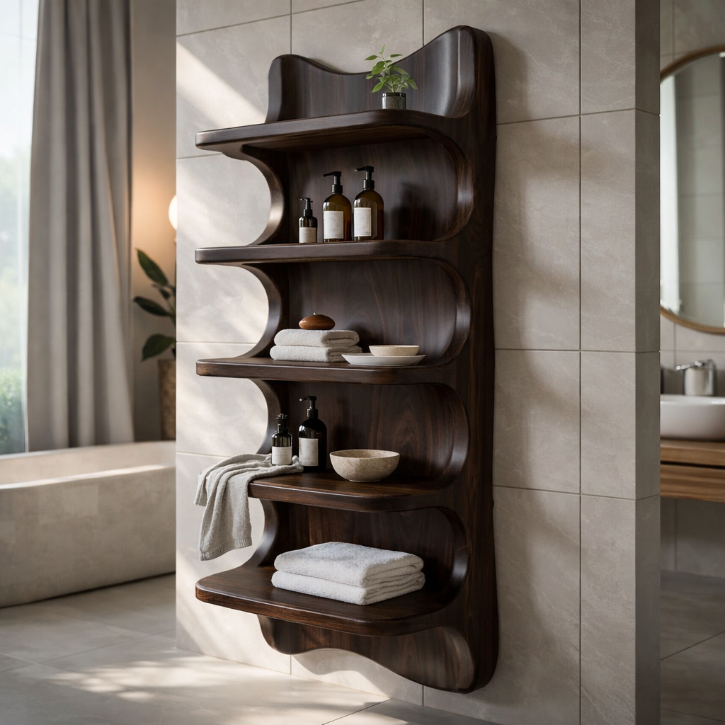 Solid Wood Wall Mounted Bathroom Shelf – Curved Storage Cabinet, Modern Floating Organizer