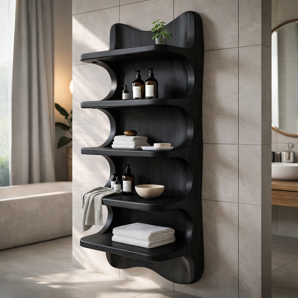 Solid Wood Wall Mounted Bathroom Shelf – Curved Storage Cabinet, Modern Floating Organizer