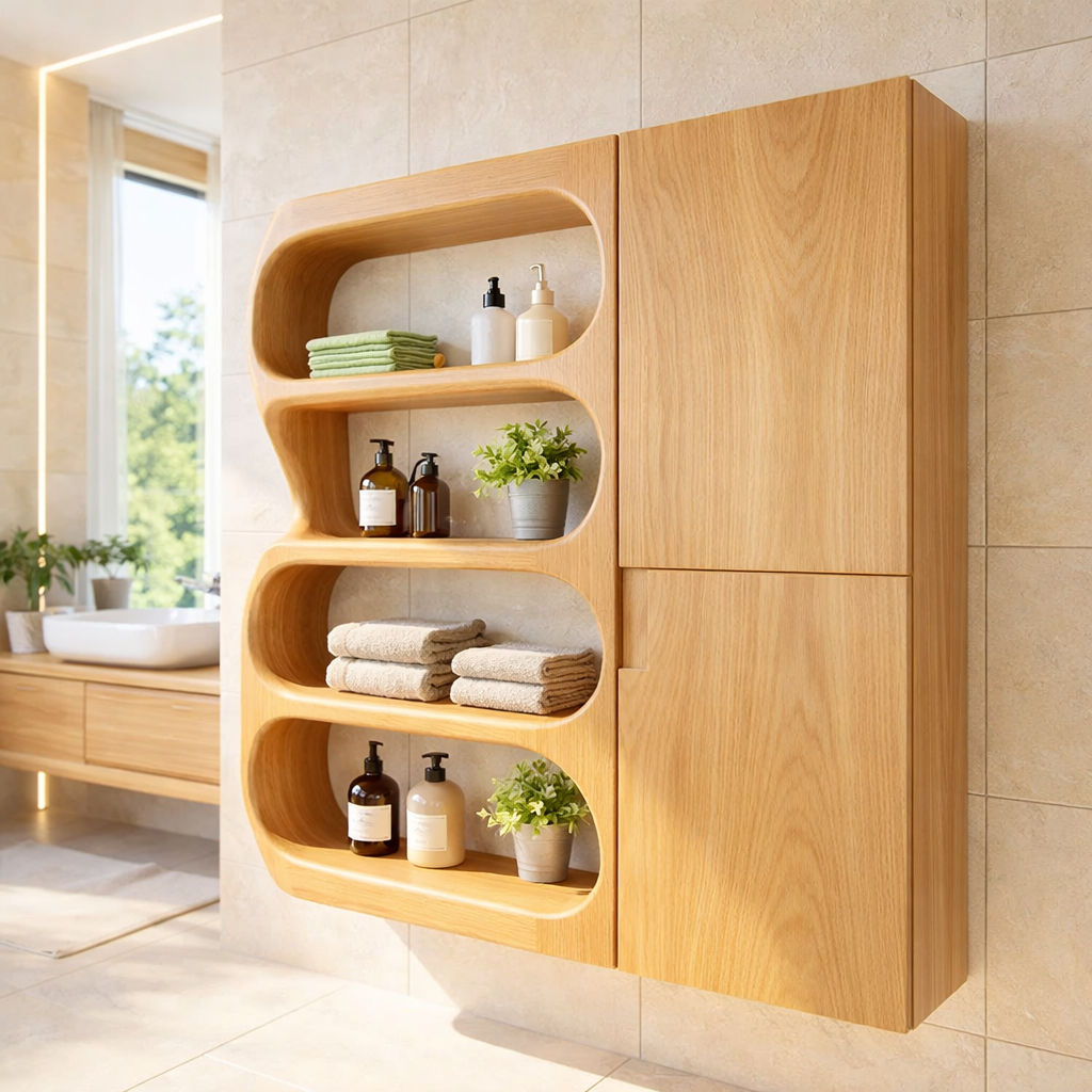 Solid Wood Floating Bathroom Cabinet with Curved Open Shelves & Storage Door
