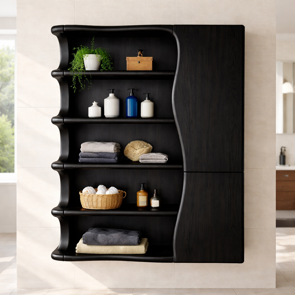 Solid Wood Floating Bathroom Cabinet with Wave Edge Shelves & Storage Door