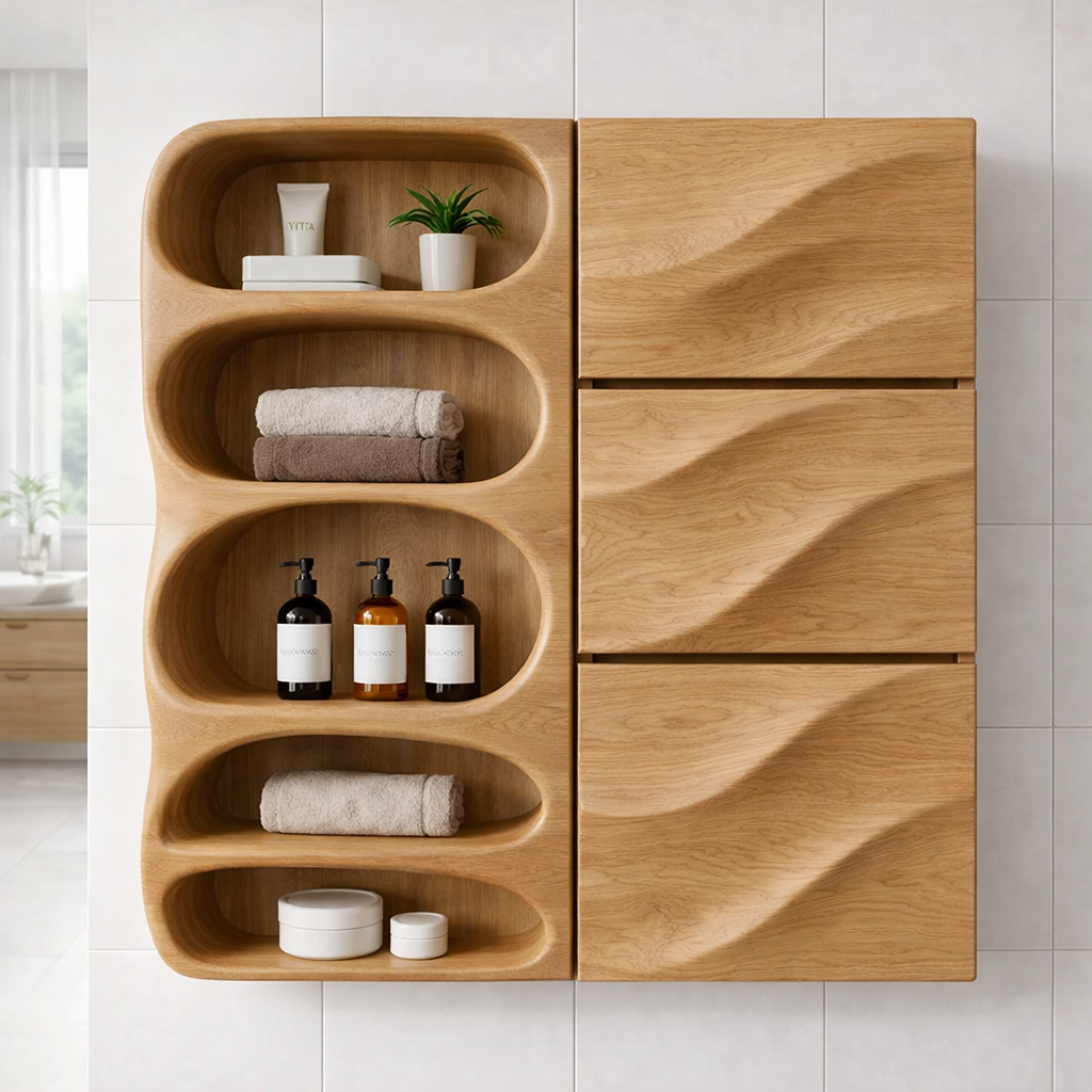 Solid Wood Bathroom Storage Cabinet with Wave Doors – Modern Wall Mounted Organizer