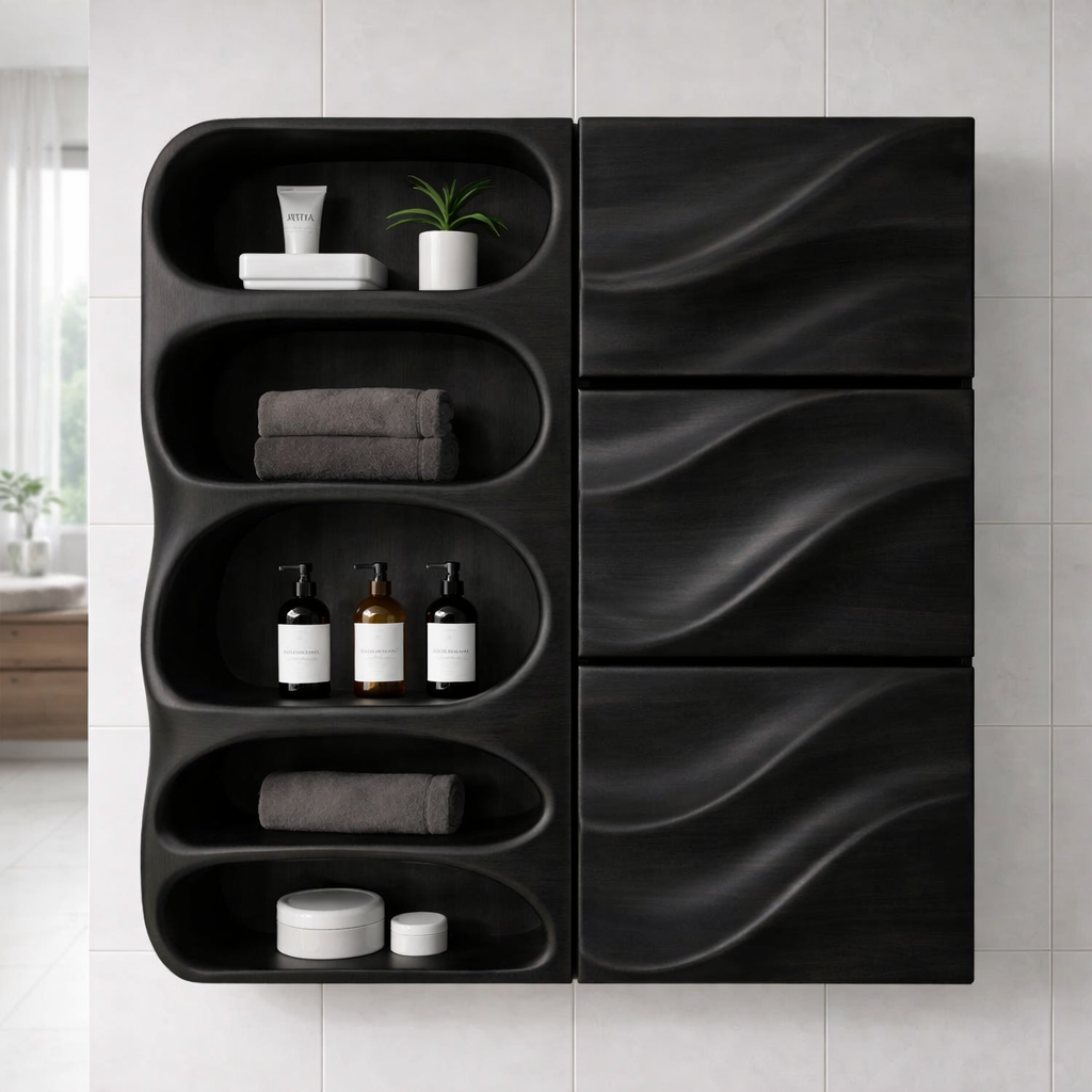 Solid Wood Bathroom Storage Cabinet with Wave Doors – Modern Wall Mounted Organizer