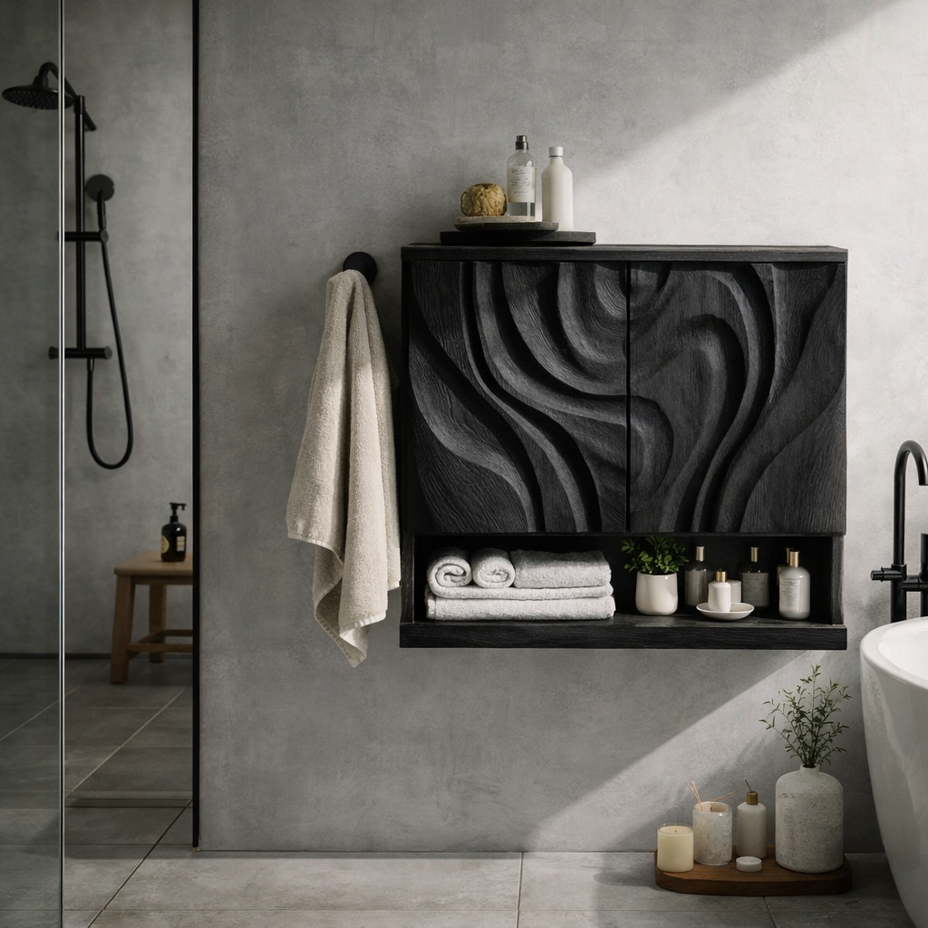Solid Wood Floating Bathroom Vanity Cabinet with Sculptural Wave Doors