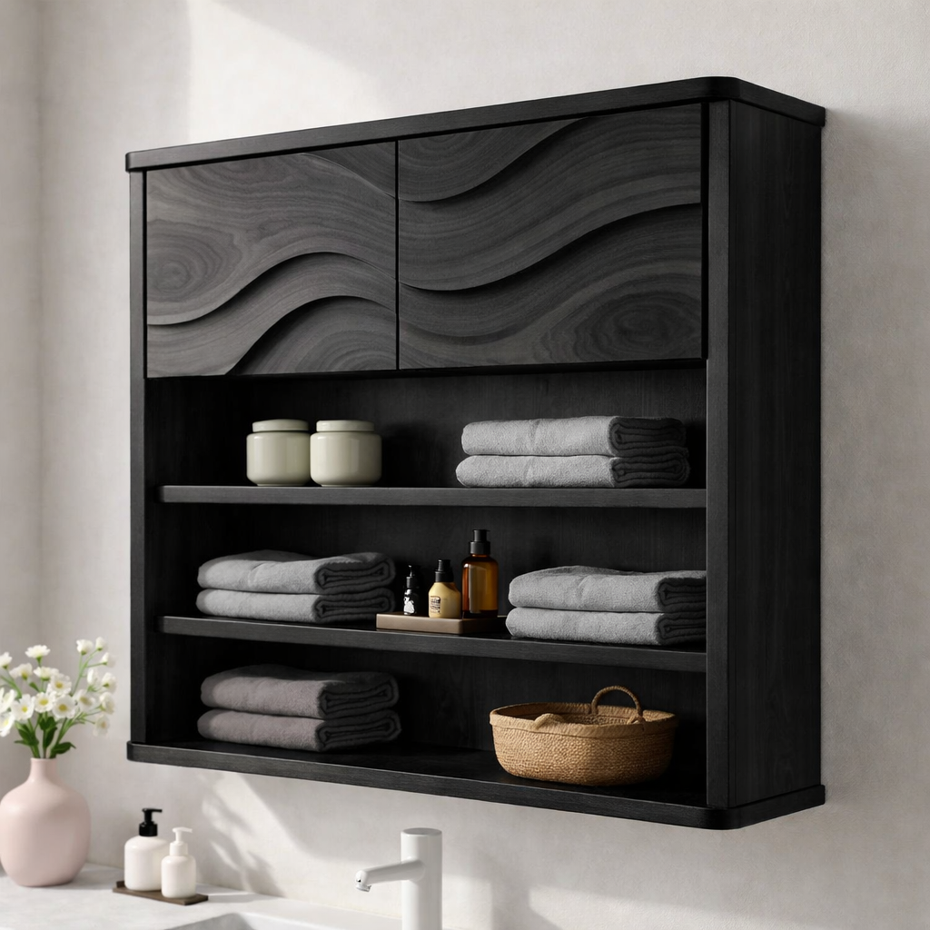 Solid Wood Bathroom Cabinet with Open Shelves & Wave Doors – Modern Wall Mounted Storage