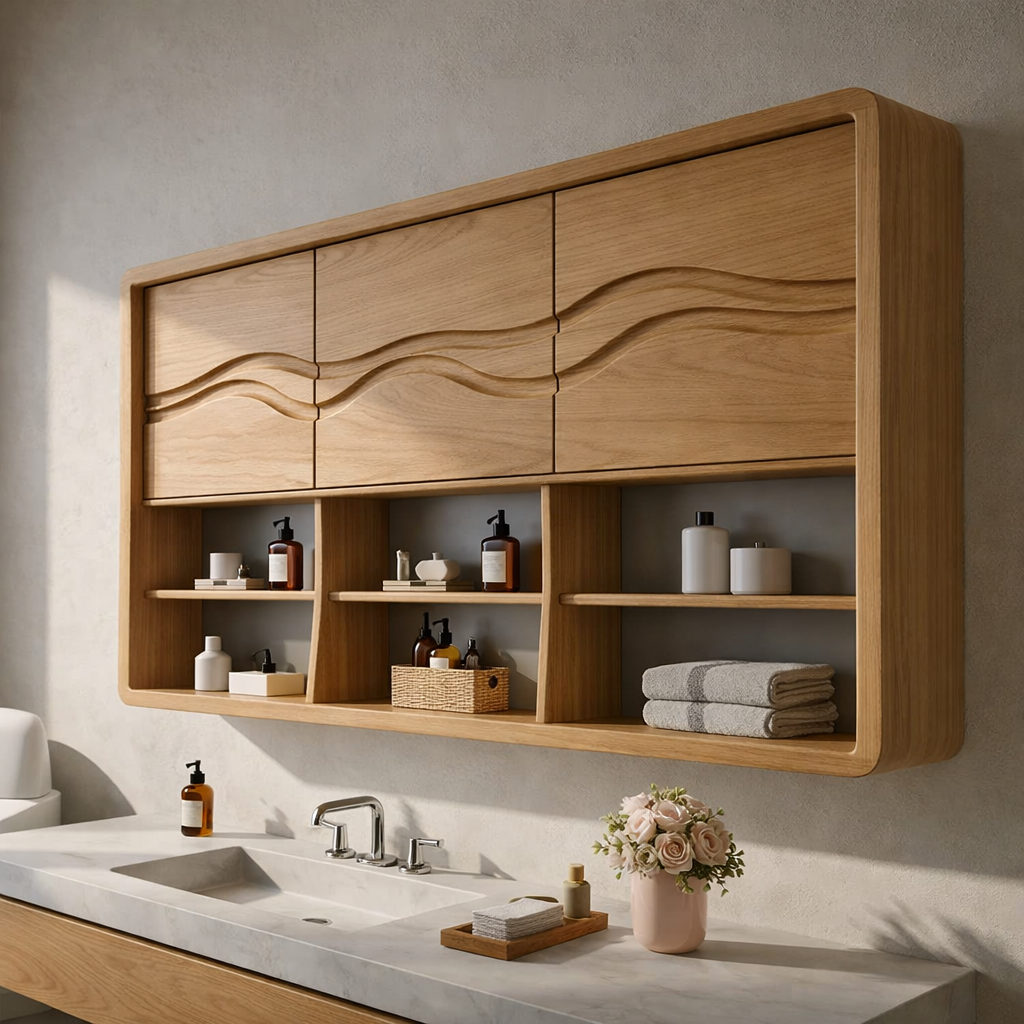 Solid Wood Bathroom Cabinet with Wave Carved Doors & Open Shelving Storage