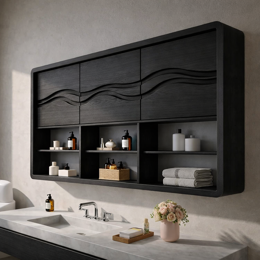 Solid Wood Bathroom Cabinet with Wave Carved Doors & Open Shelving Storage
