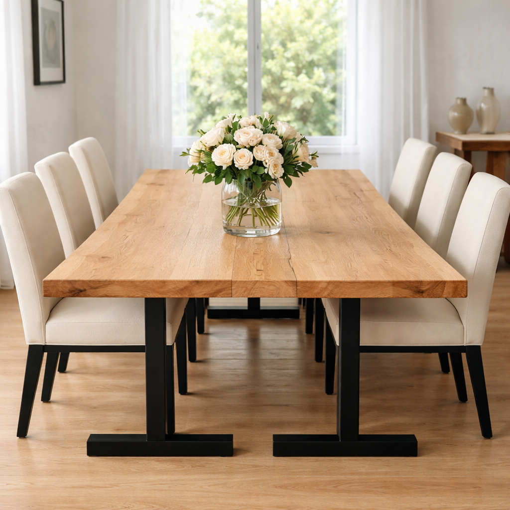 Solid Wood Dining Table with Black Metal Legs Modern Industrial Style