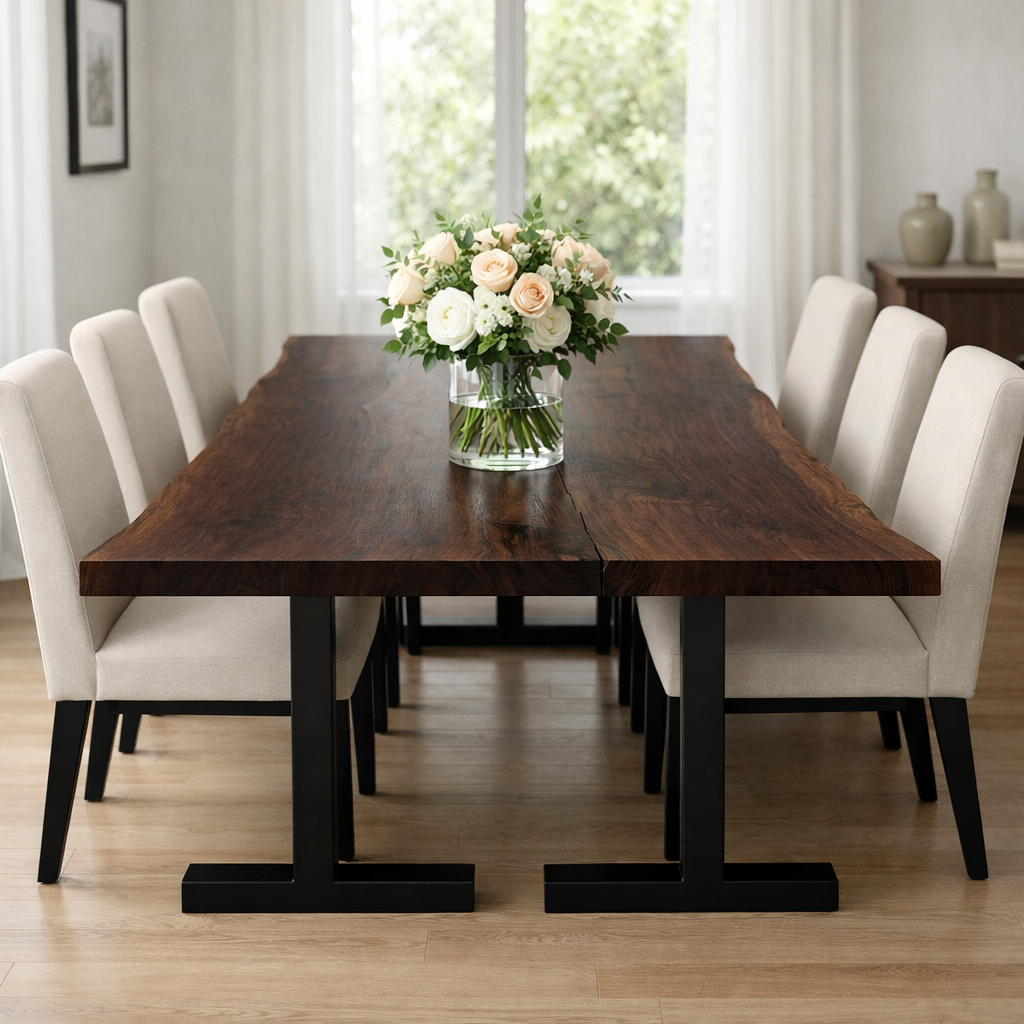 Solid Wood Dining Table with Black Metal Legs Modern Industrial Style