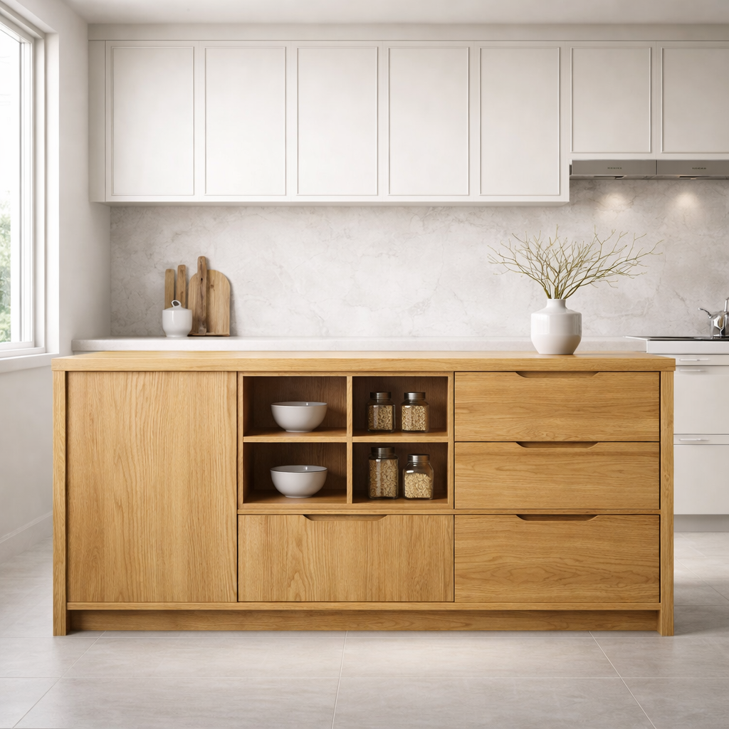 Solid Oak Kitchen Island with Drawer Storage & Open Shelving