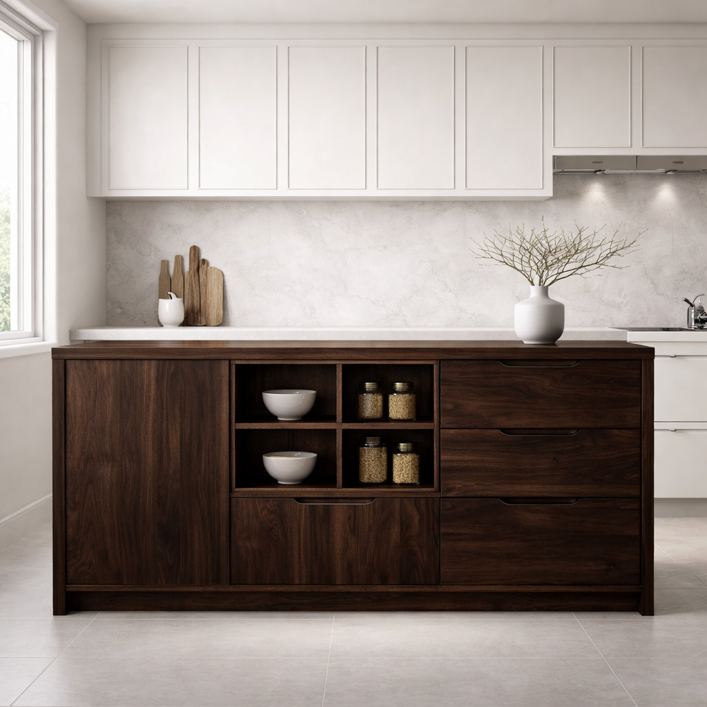 Solid Oak Kitchen Island with Drawer Storage & Open Shelving