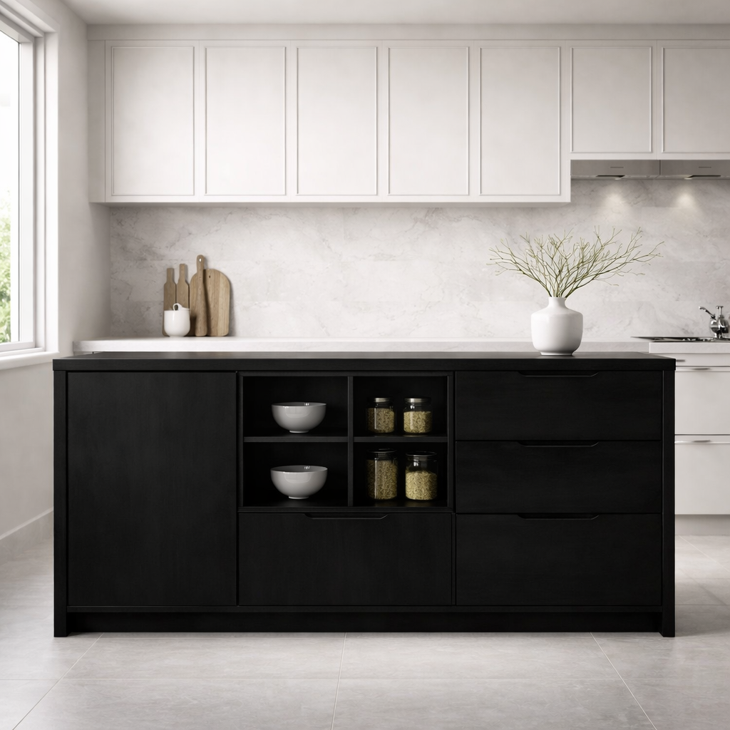 Solid Oak Kitchen Island with Drawer Storage & Open Shelving
