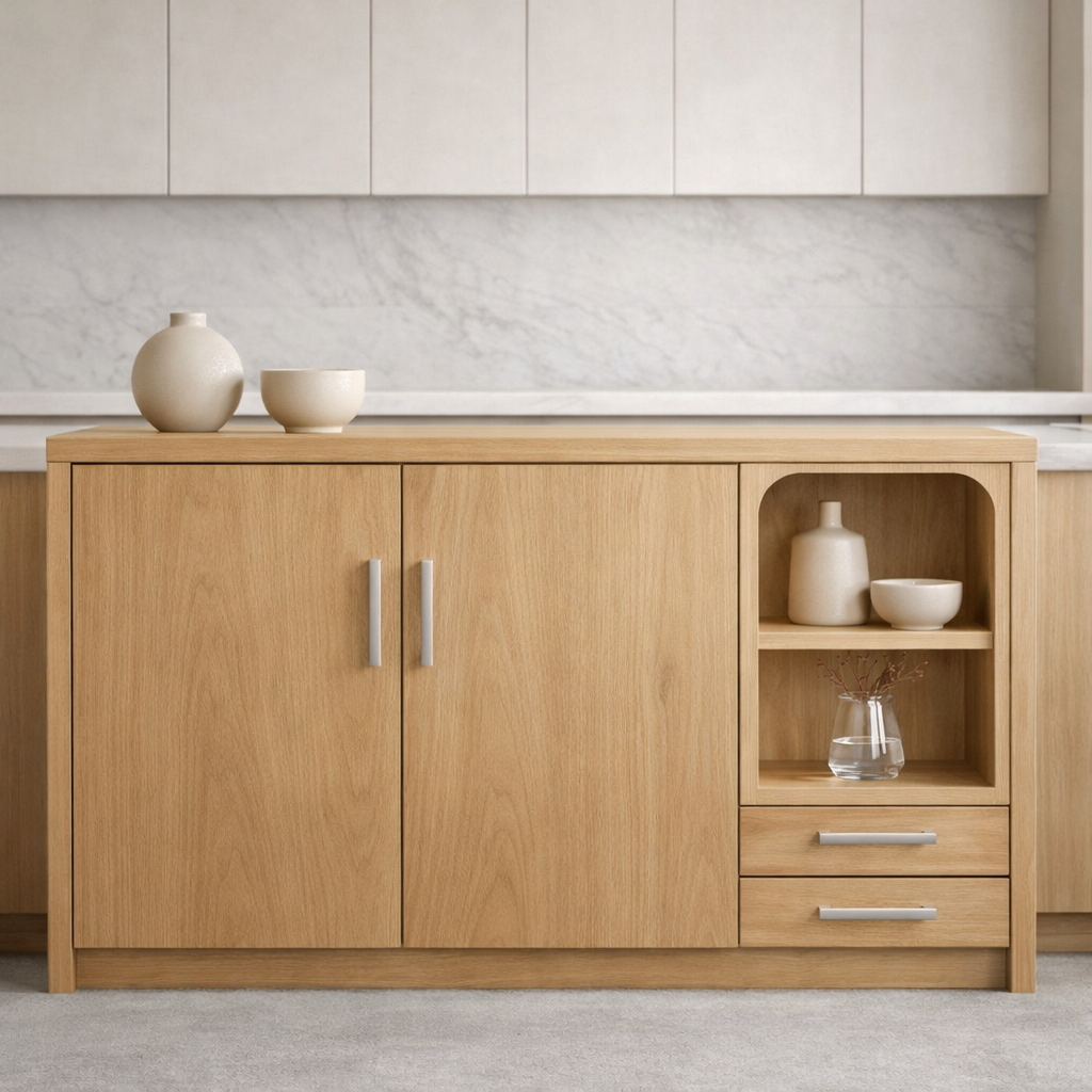 Solid Walnut Kitchen Island with Double Doors, Open Shelf & Drawer Storage
