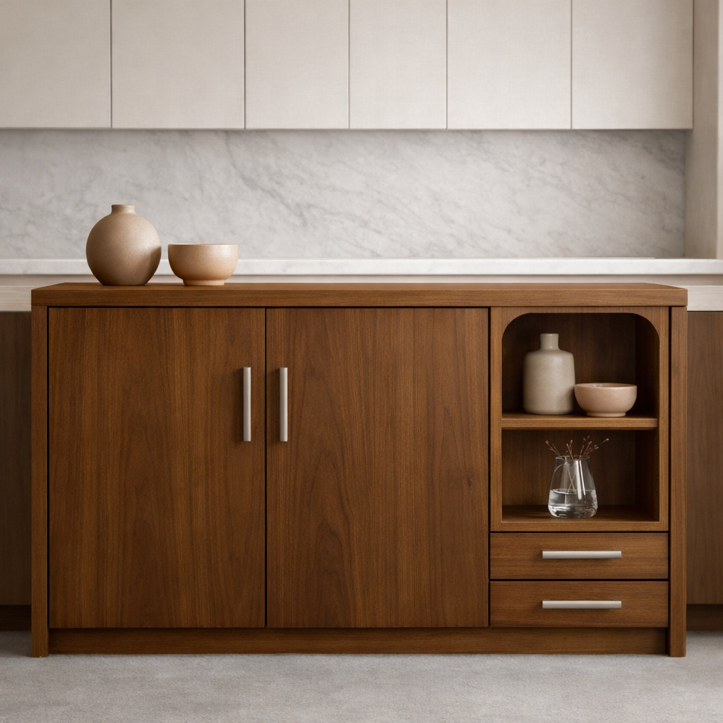 Solid Walnut Kitchen Island with Double Doors, Open Shelf & Drawer Storage